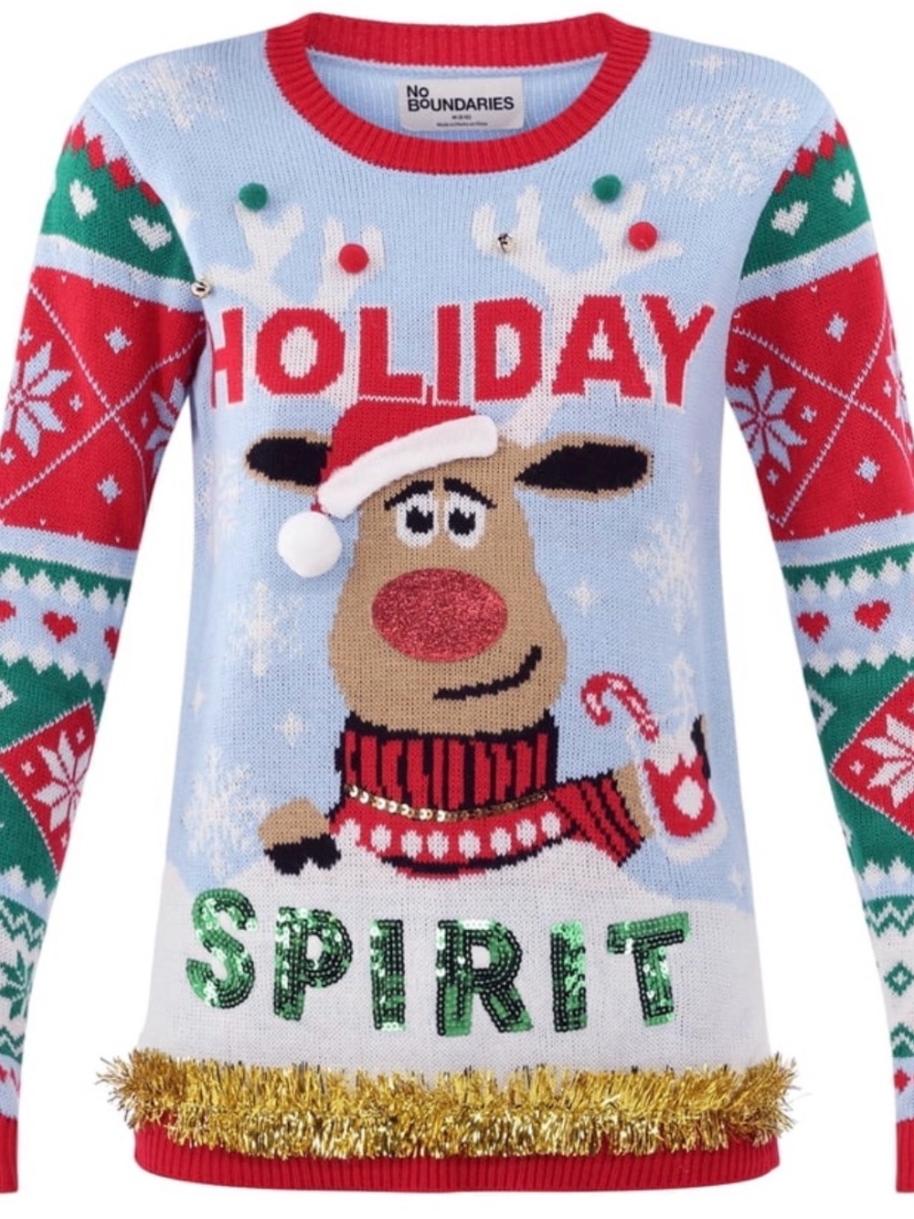 NWT No Boundaries Light Blue Holiday spirit christmas Reindeer Sweater size XL